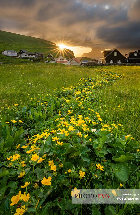 Gjgv village at sunrise, Eysturoy island, Faeroe islands, Denmark, Europe